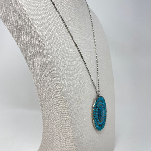 Petit Point Turquoise Blue Pendant Necklace Silver-Tone Long Southwest Western - Picture 6 of 12